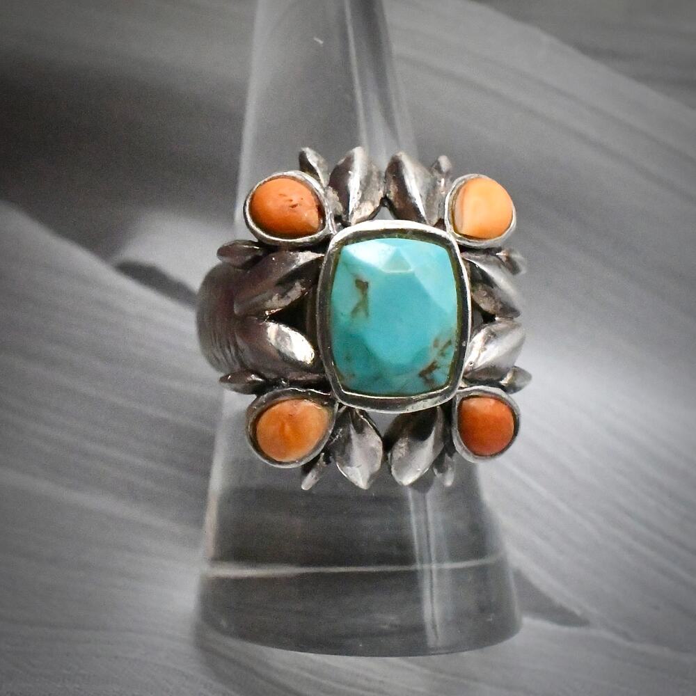 Vintage Studio Barse 925 Sterling Silver Turquoise Coral Statement Ring 18.85g - Picture 3 of 11